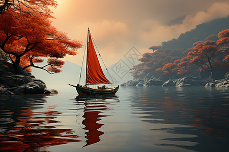 湖边的帆船图片