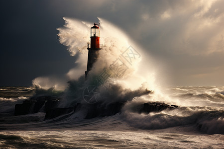 灯塔上汹涌的海浪图片