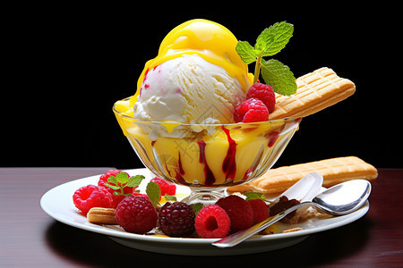 餐盘中的浆果冰淇淋图片