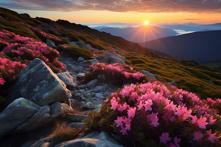 夏季山脉中盛开的粉红色花朵图片