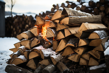 乡村燃烧取暖的木材图片