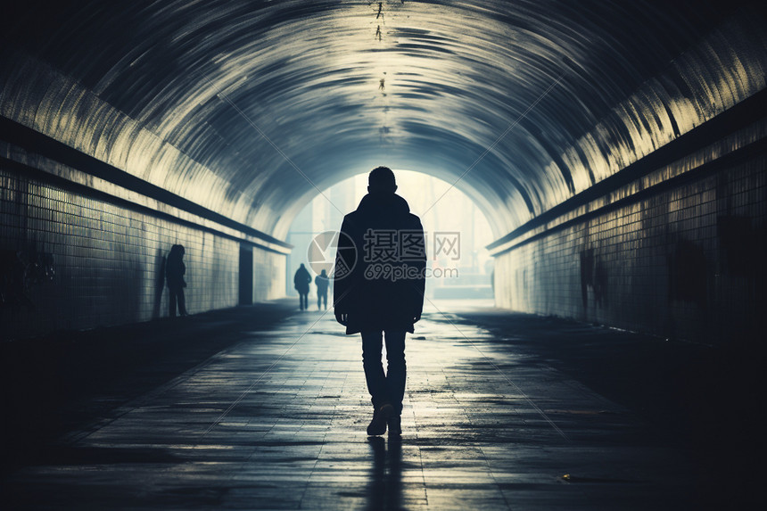 城市地下通道里独自一人在行走的神秘男人图片