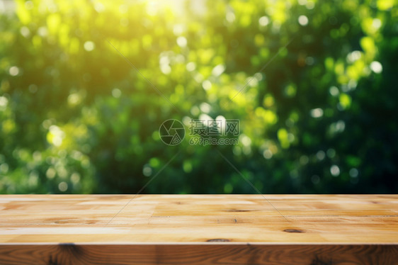 木桌与绿色背景图片