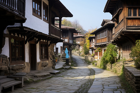 传统建筑与青石板路背景