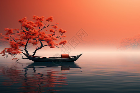 秋天湖面上的一船一树图片