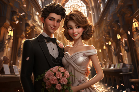 穿着礼服的新娘和新郎的3D插图图片