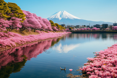 日本东京樱花日本河口湖富士山背景