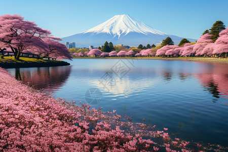 日本湖春天的富士山背景