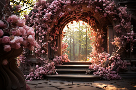 粉色鲜花装饰的拱门图片