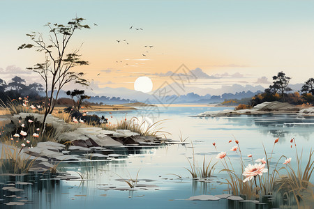 湖边水墨画背景图片