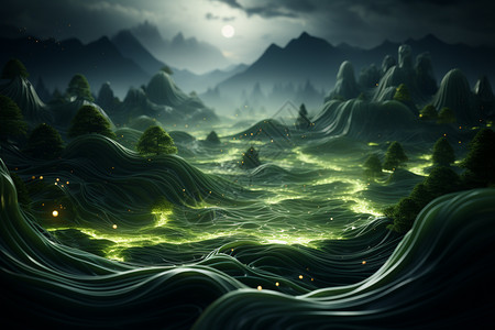 绿色波浪和植物元素图片