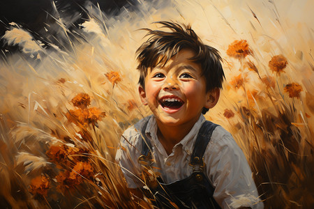 金色稻谷里开心大笑的小男孩图片
