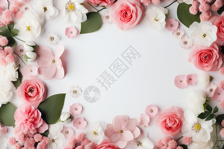 粉白花朵簇拥的白色背景图片