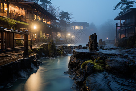 温泉山庄傍晚的日式度假山庄背景