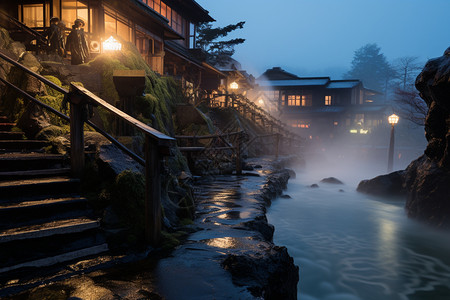 温泉山庄度假山庄的户外温泉背景