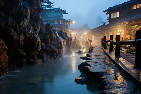 傍晚宁静的温泉山庄背景