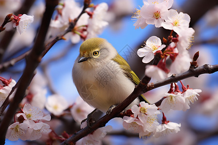 树枝特写桃花树上的绣眼鸟背景