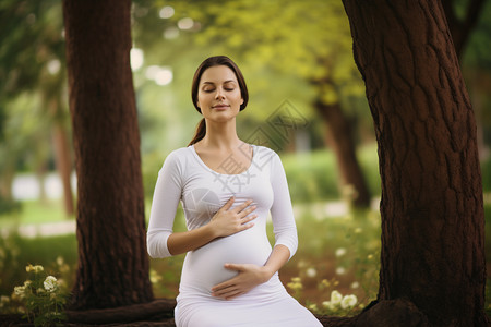 公园中锻炼瑜伽的孕妇图片