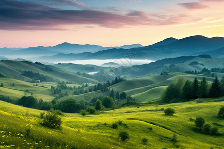 夏季郁郁葱葱的丘陵山区景观背景图片