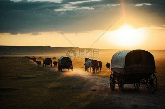 黄昏草原上的马车图片