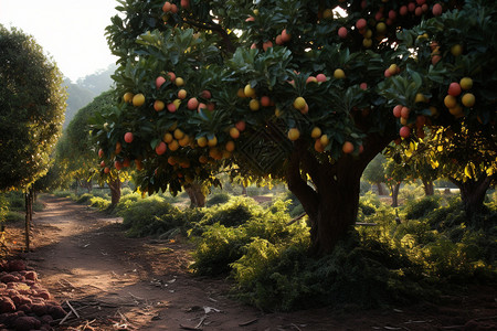 阳光初升的果园背景图片
