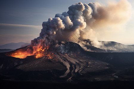 火山灰火山爆发冒着浓烟背景