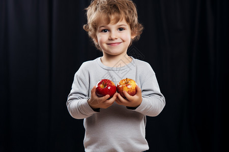手拿苹果微笑的小男孩图片