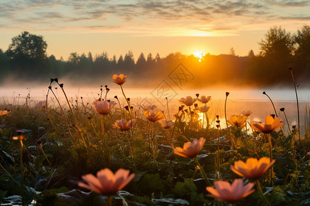 清晨美丽的野花丛图片