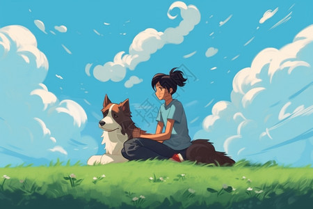 一起休息的女生和狗狗背景图片