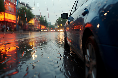 下雨天湿滑的城市街道高清图片