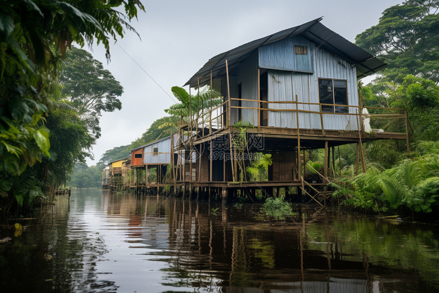 亚马逊河流上的木质住宅图片