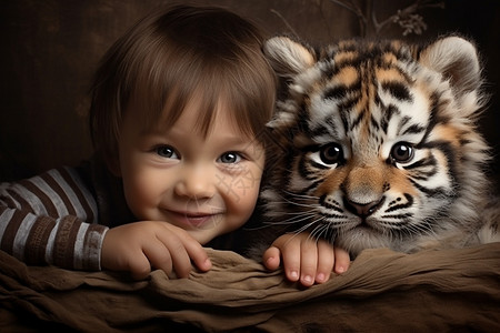 人类幼崽和小老虎图片