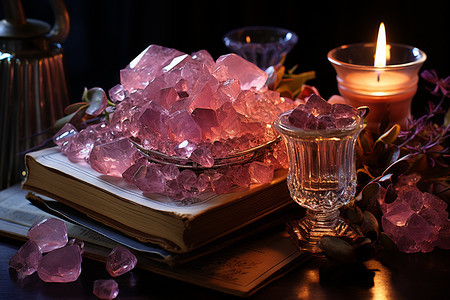 桌面上的粉红色水晶和蜡烛图片