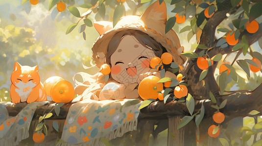 肥猫在橘子树下图片