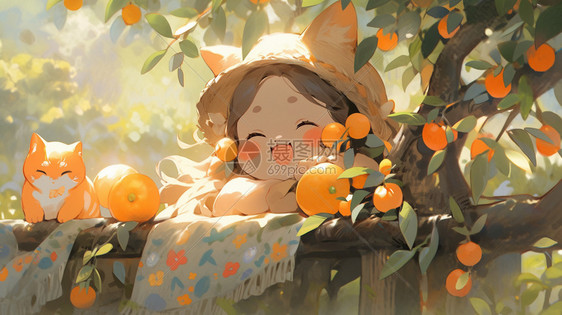 肥猫在橘子树下图片