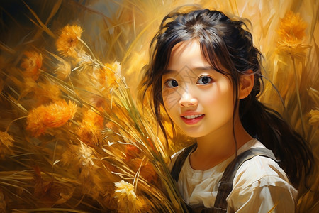 金色稻田中可爱的小女孩图片