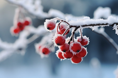 雪中的植物户外果园中霜冻的山楂背景