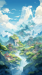 高山河流插画高清图片