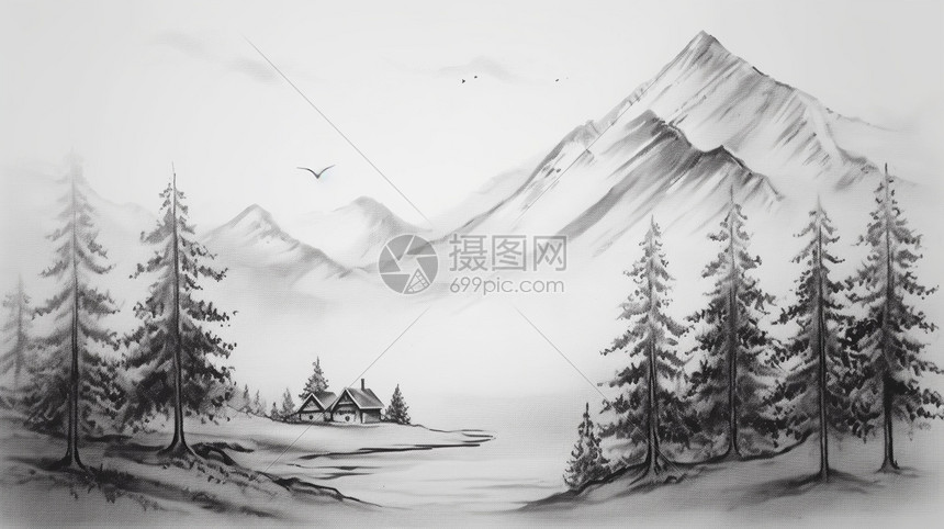 山树黑白素描图片