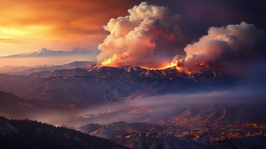 山脉上的火焰和烟雾图片