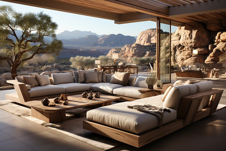 一个客厅拥有沙漠景观和群山图片