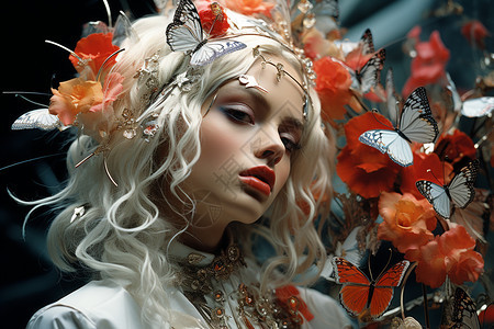 梦幻的白发女孩脸上有许多蝴蝶图片