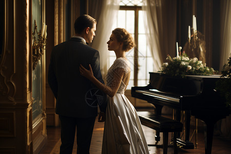钢琴婚纱素材一对优雅的夫妻背景