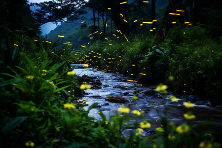 森林萤火虫树木和溪流背景