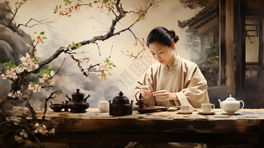 手绘茶壶着汉服的妇女背景
