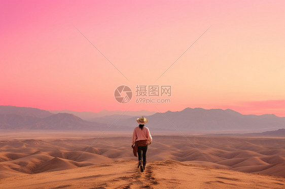 走在黄昏沙漠的女孩图片