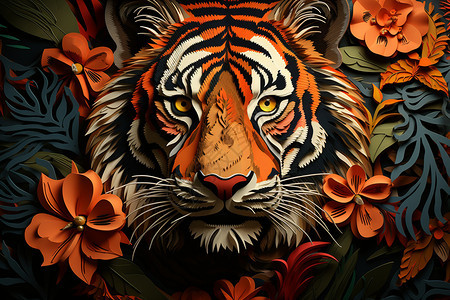 鲜艳花朵和老虎剪纸艺术图片