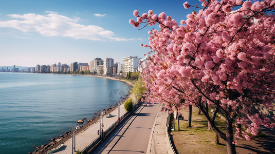 海边的樱花道图片