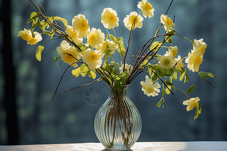 一束黄花盛放在桌上花瓶里图片