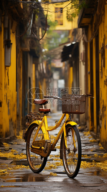 古镇街道上的老式自行车图片